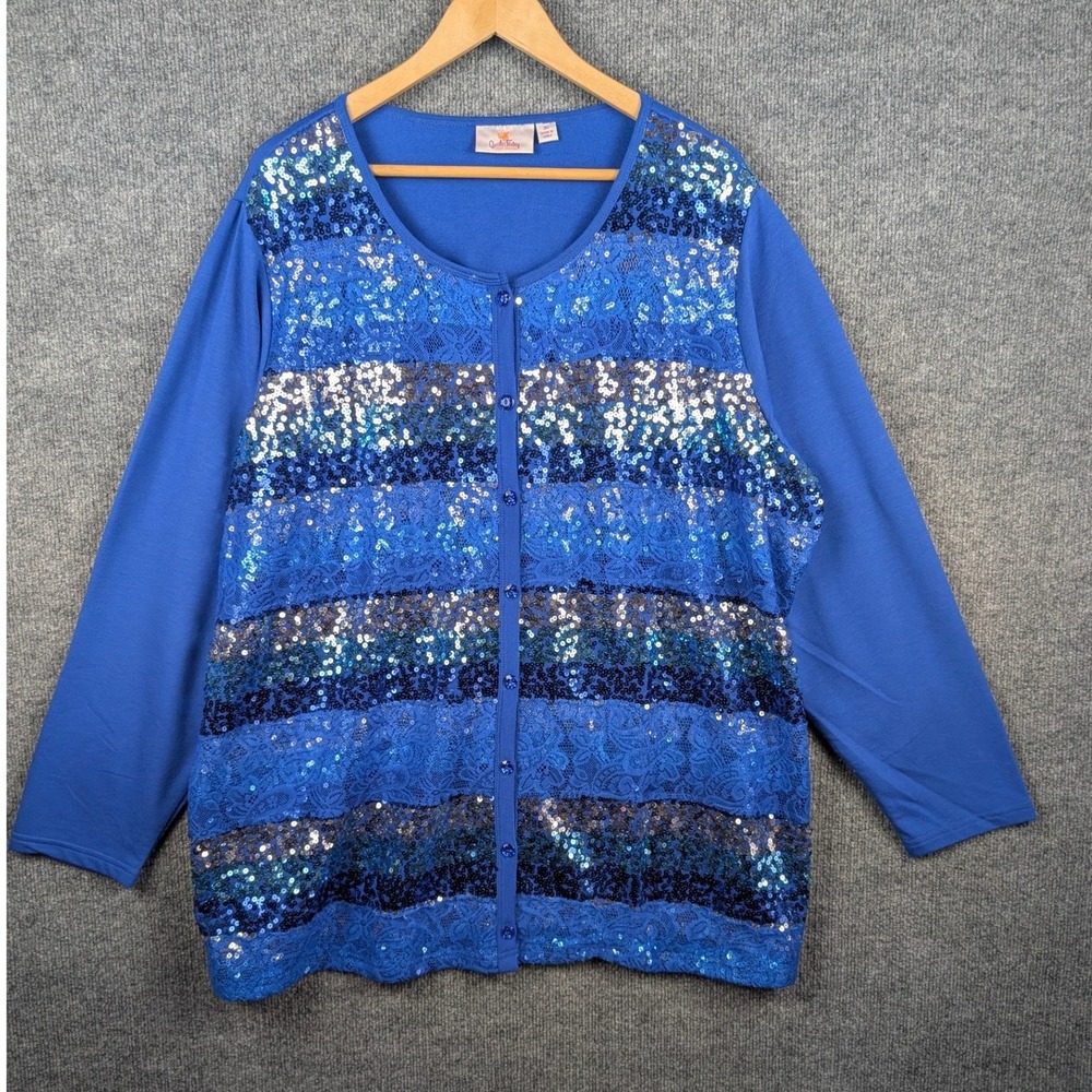 Quacker Factory Blue Sequin Lace Button Front Cardigan Sweater Womens 3X